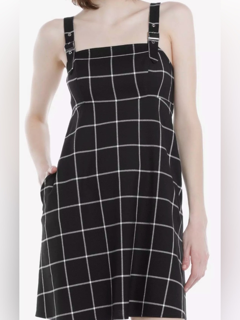 Hot Topic Black Windowpane Check Mini Dress with Buckle Straps